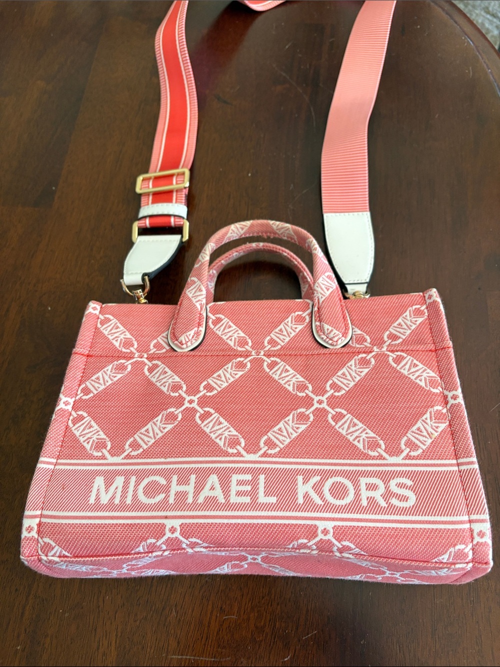 Michael Kors Pink Coral Logo Jacquard Tote with Striped Strap